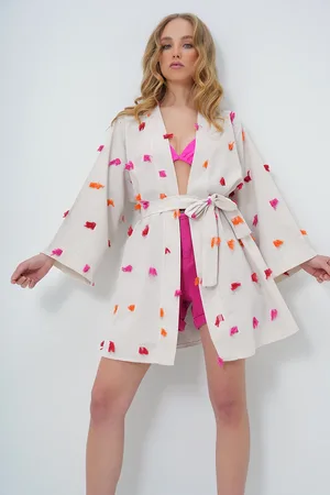 Trend Alacati stili Fuchsiafarbene Kimono-jacke Im Leinen-look Mit Quasten-detail – Taillengürtel, für Damen - M