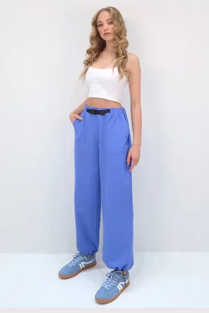 Trend Alacati stili Blaue Sommer-jogginghose – Doppeltaschen, Elastisches Bein, Gürteldetail für Damen - S