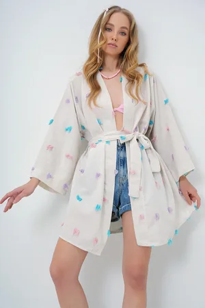 Trend Alacati stili Fliederfarbene Kimono-jacke In Leinenoptik Mit Quasten Und Gürtel – für Damen - M