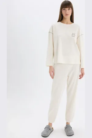 DeFacto Fall In Love Velur-pyjama-set Mit Langen Ärmeln Für Den Valentinstag – Langer Pyjama-boden Mit Dehnbarer Taille für Damen - M