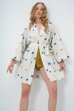 Trend Alacati stili Grüne Leinen-kimonojacke – Quasten-detail Und Taillengürtel für Damen - XL