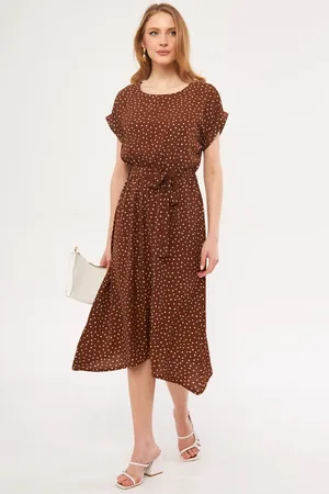 armonika Braunes Kleid Mit Tupfenmuster, Elastischer Taille Und Bindeband für Damen - S