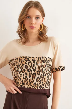 Olalook Braunes T-shirt Aus Viskose Mit Leopardenmuster – Tsh- 19000835 für Damen - S/M