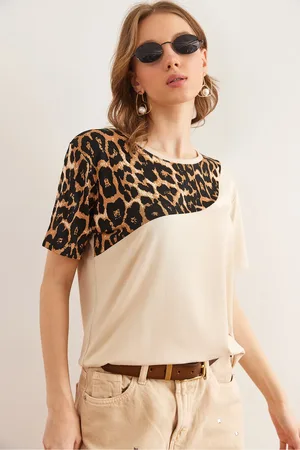 Olalook Beigefarbenes T-shirt Aus Gestricktem Viskose Mit Leopardenmuster Tsh- 19000836 für Damen - S/M