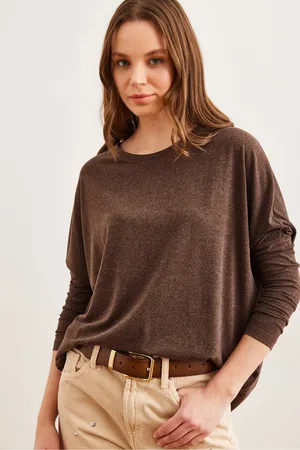 Olalook Braune Fledermaus-woll-viskose-bluse Mit Rundhalsausschnitt Blz- 19002801 für Damen - XL