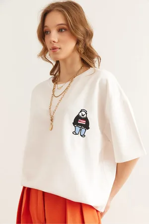 Olalook Weißes T-shirt Mit Teddybär-stickerei Und Detaillierter, Bequemer Passform Tsh- 19000840 für Damen - M