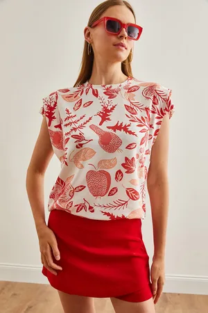 Olalook T-shirt Aus Baumwolle Mit Blumenmuster Und Korallenroten Ärmeln - für Damen - M