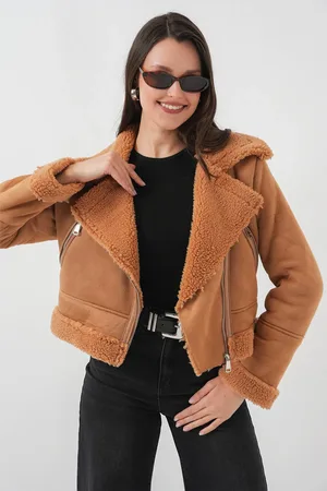Bigdart 5155 Zweireihige Kunstpelzjacke Aus Leder Hellbraun für Damen - 40
