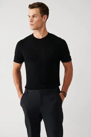 Avva Schwarzes T-shirt Aus Baumwolle Mit Rundhalsausschnitt Und Dünnem Strick E 005011 für Herren - 2XL
