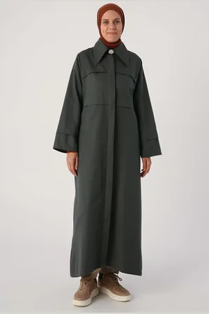 ALLDAY Geräucherte Abaya Mit Spitzem Kragen Und Versteckter Knopfleiste für Damen - 38