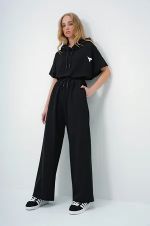 Trend Alacati stili Schwarzes Oversize-crop-top- Und Doppeltaschen-hosen-set Mit Kapuze – für Damen - M