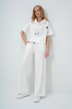 Trend Alacati stili Weißes, Übergroßes Crop-top- Und Doppeltaschen-hosen-set – für Damen - L