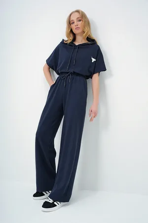 Trend Alacati stili Marineblaues, Übergroßes Crop-top- Und Taschen-hosen-set – für Damen - S