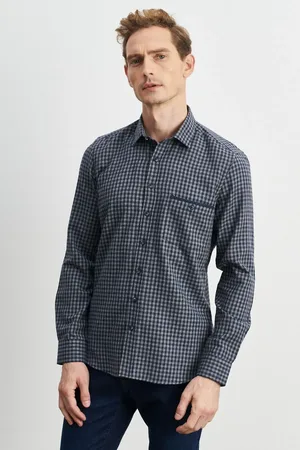 Altınyıldız Classics Marineblau-graues Slim-fit-holzfällerhemd Aus Flanell Mit Gingham-kragen Und Button-up-kragen für Herren - M