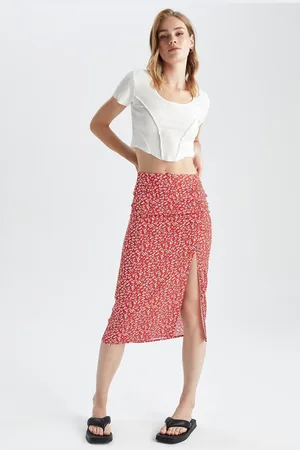 DeFacto Regular Fit Midirock Mit Blumenmuster Und Schlitz X4116az22sp für Damen - 38