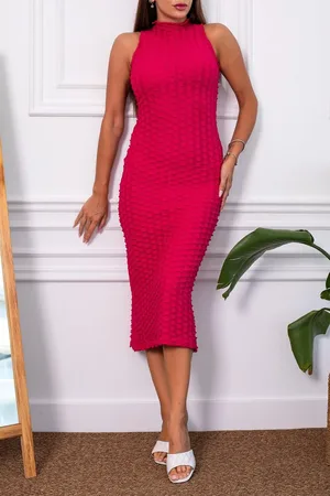 armonika Fuchsiafarbenes Bleistiftkleid Mit Neckholder-kragen Und Rückenschlitz für Damen - M