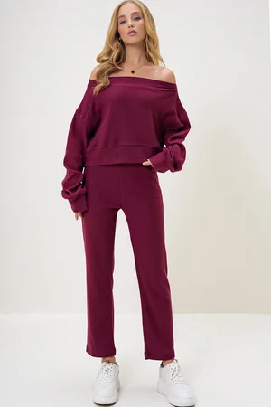 Trend Alacati stili Burgunderfarbener Interlock-stoff – Madonna-kragen-crop-sweat- Und Elastisches Hosen-set für Damen - L