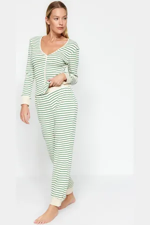 Trendyol Grün Gestreiftes Jogger-pyjama-set – Bündchen- Und Paspeldetails für Damen - L