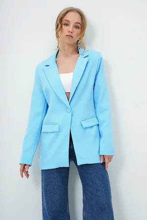 Trend Alacati stili Babyblaue Gefütterte Blazerjacke Mit Einem Knopf für Damen - 40