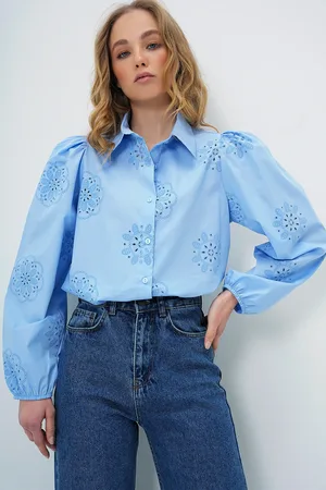 Trend Alacati stili Babyblaues, Gewebtes Premium-hemd Aus Guipure für Damen - 38