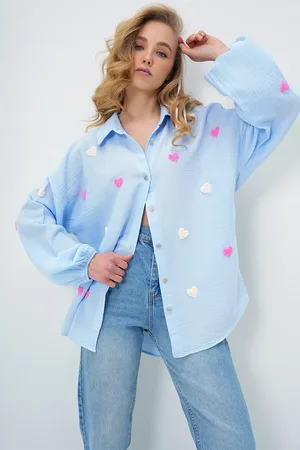 Trend Alacati stili Babyblaues Oversize-hemd Aus Musselin Und Leinen für Damen - 36