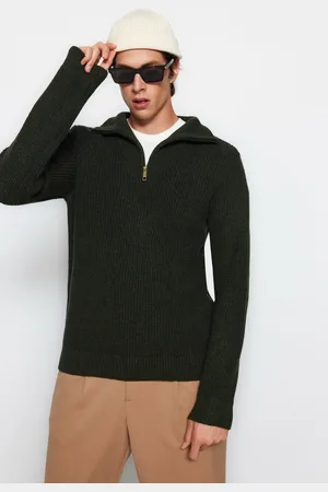 Trendyol Khakifarbener Rollkragenpullover Aus Wolle Mit Normaler Passform Und Reißverschluss für Herren - XL