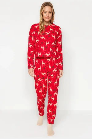 Trendyol Rotes Strick-pyjama-set Aus 100 % Baumwolle Mit Neujahrsmotiv für Damen - M