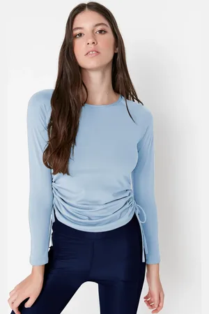 Trendyol Hellblaues Scuba/taucher-strick-sportoberteil/bluse Mit Seitlicher Raffung Und Rundhalsausschnitt für Damen - S