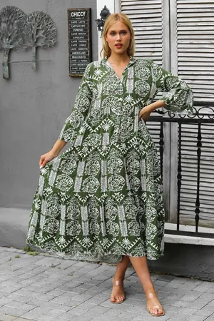 Chiccy Italienisches, Armeegrünes Strickkleid Mit Prächtigem Kragen, Rüschenärmeln Und Allover-print für Damen - M