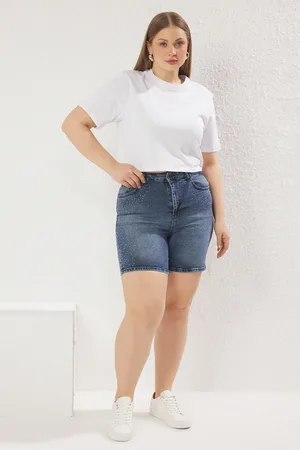 Trendyol Blaue Jeans-shorts Mit Hoher Taille Und Strasssteinen In Übergröße für Damen - 42