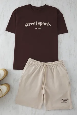 Trendyol Brown-stone 2-teiliges Trainingsanzug-set, Übergröße/breite Passform, Shorts Aus 100 % Baumwolle – T-shirt für Herren - XL
