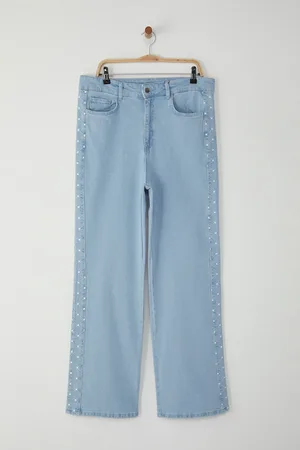 Trendyol Hellblaues Up-down Mit Stickerei-detail, Optimistische Länge, Große Größe Jins für Damen - 44