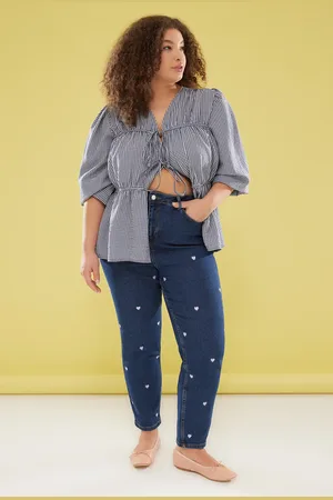 Trendyol Blaue, Dehnbare Röhrenjeans Mit Hoher Taille Und Herzstickerei für Damen - 48