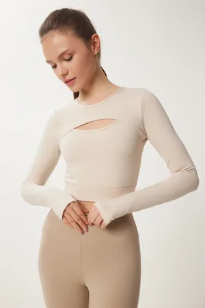 Happiness istanbul Cremefarbenes, Mit Fingern Verziertes, Gestricktes Sport-sweatshirt für Damen - 38