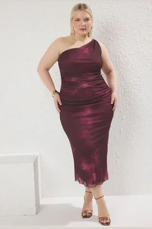 Trendyol Burgunderfarbenes, Einärmliges, Figurbetontes, Detailliertes, Dehnbares Strick-bleistiftkleid Aus Tüll für Damen - 3XL