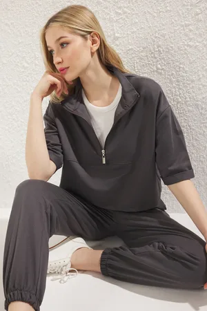 Trendyol Lässiges, Anthrazitfarbenes Strick-trainingsanzug-set – Palazzo Mit Stehkragen Und Reißverschluss für Damen - XL