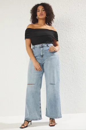 Trendyol Hellblaue Jeans Mit Hoher Taille Und Weitem Bein. Große Jeans Mit Weitem Bein für Damen - 46