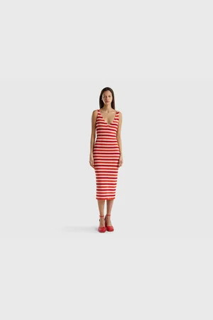 Benetton Langes Strickkleid Mit Granatapfelblüten-träger Und V-ausschnitt für Damen - M