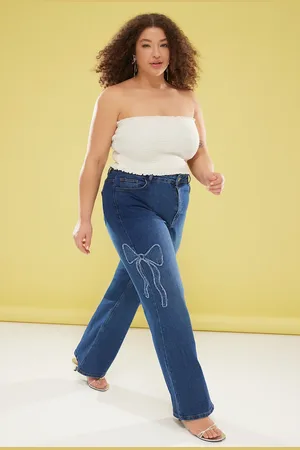 Trendyol Blaue High-waist-schleife Mit Weitem Bein Und Bequemen Jeans In Übergröße Mit Weitem Bein für Damen - 50