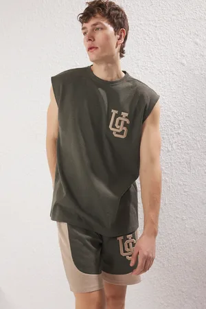 Trendyol Khakifarbenes, Übergroßes/breit Geschnittenes, Strukturiertes, Farbblockiertes Singlet-shorts-trainingsanzug-set für Herren - M