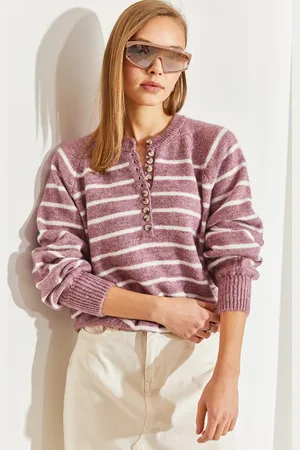Bianco Lucci Gestreifter Strickpullover Mit Rollkragen Und Geknöpftem Kragen für Damen - Standard