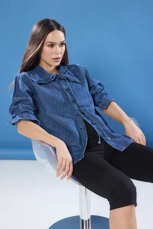 Trendyol Dunkelblaues, Detailliertes Baby-jeanshemd Mit Schnürung für Damen - M