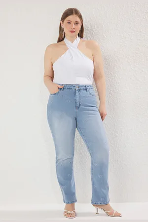 Trendyol Blaue Jeans Mit Hoher Taille, Bequemer Gerader Passform Und Großer Größe für Damen - 48