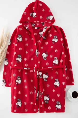 Trendyol Von Hello Kitty Lizenzierter Roter Fleece-strick-morgenmantel – Mit Kapuze für Damen - 5XL