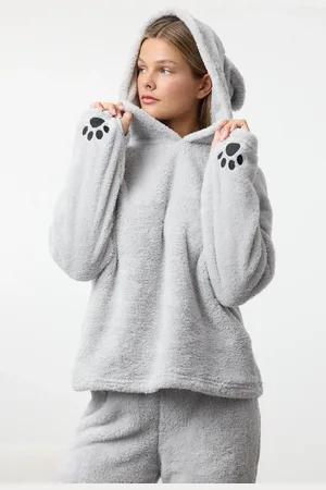Trendyol Grauer Wellsoft Winter-strickpyjama Mit Kapuze Und Stickerei für Damen - S
