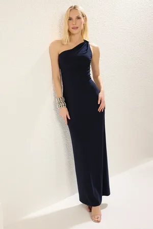 Trendyol Marineblaues Accessoire Scientific One Shoulder Mesh Maxi Chic Abendkleid Nacht Mezuiyet Elbise für Damen - 40