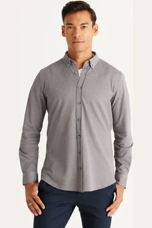 Altınyıldız Classics Graues Slim-fit-strickhemd Mit Schmalem Schnitt, Knopfkragen Und Piqué-muster für Herren - L