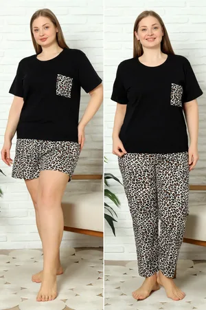 Trendyol 3-teiliges Strick-pyjama-set Mit Leopardenmuster – für Damen - 5XL