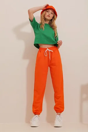 Trend Alacati stili Orangefarbene Basic-jogginghose Mit Elastischem Bund Und Beinen für Damen - L