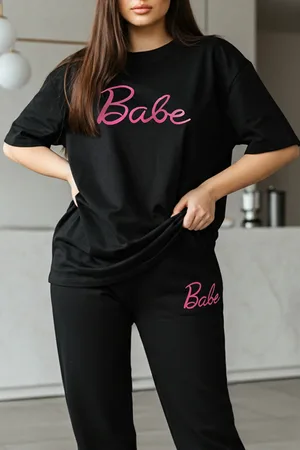 Trendyol Schwarzes Slogan-strick-trainingsanzug-set In Übergröße – Kurze Ärmel für Damen - 3XL